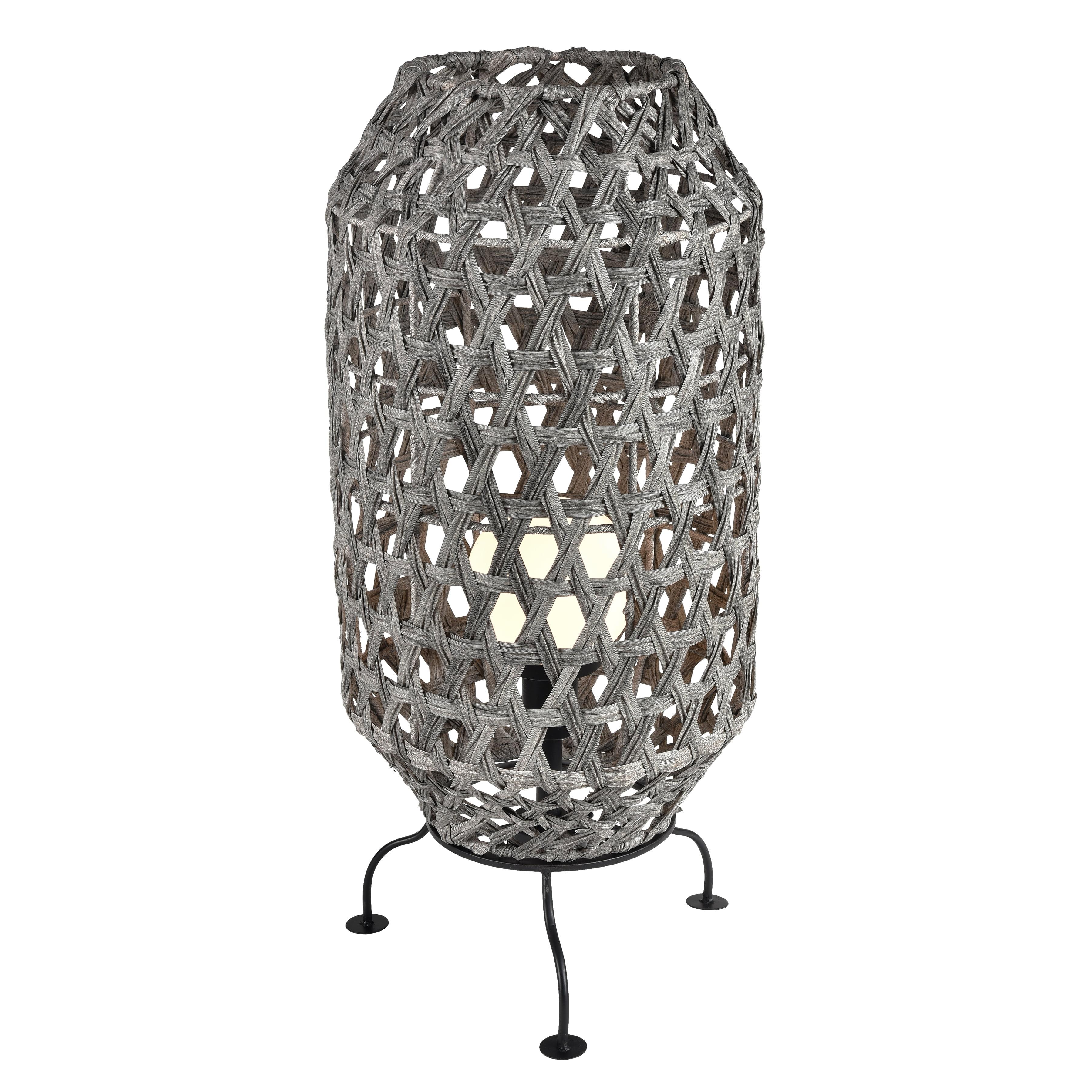 Black Tripod Outdoor Table Lamp with Natural Rattan Shade