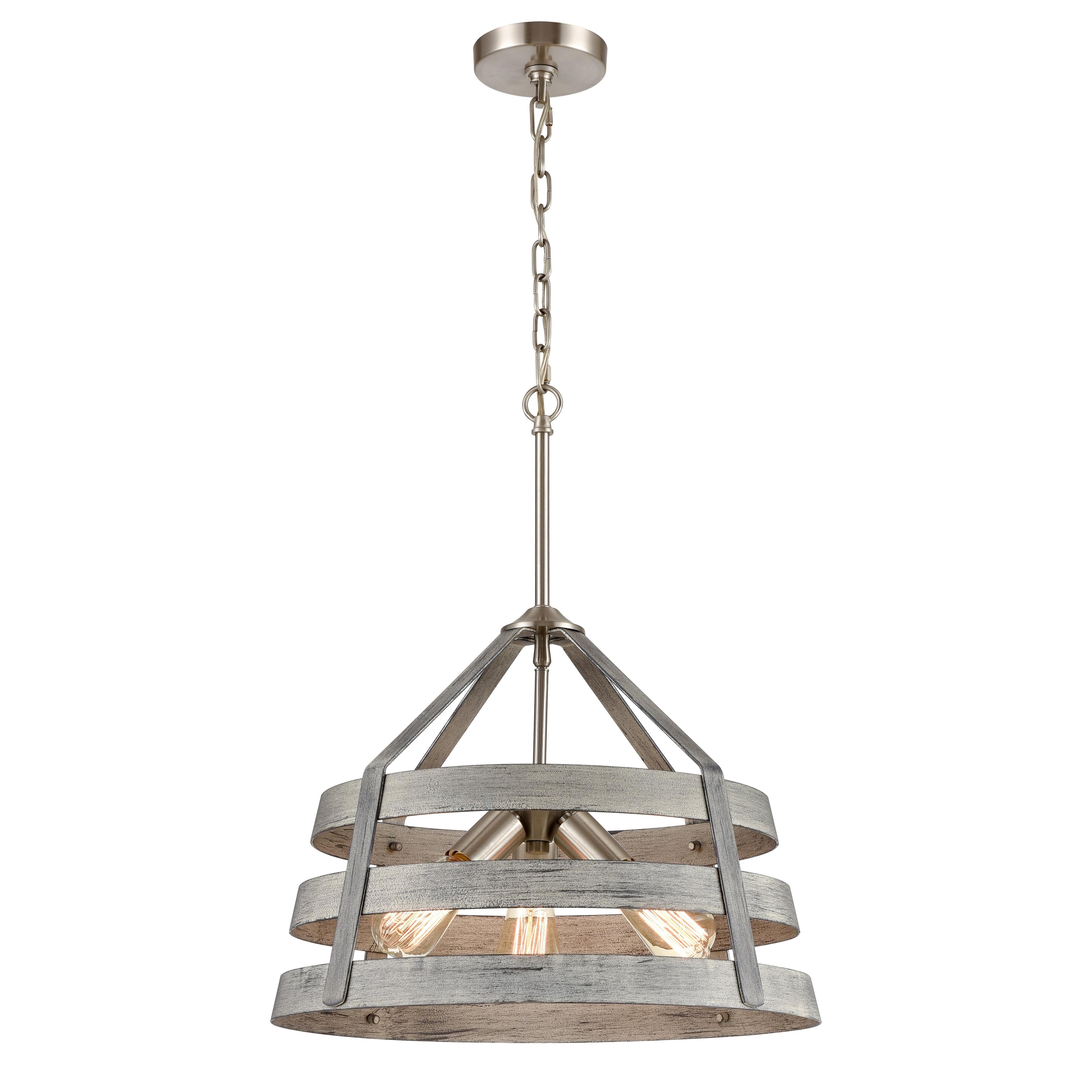 Mini Drum 3-Light Chandelier in Weathered Driftwood and Satin Nickel