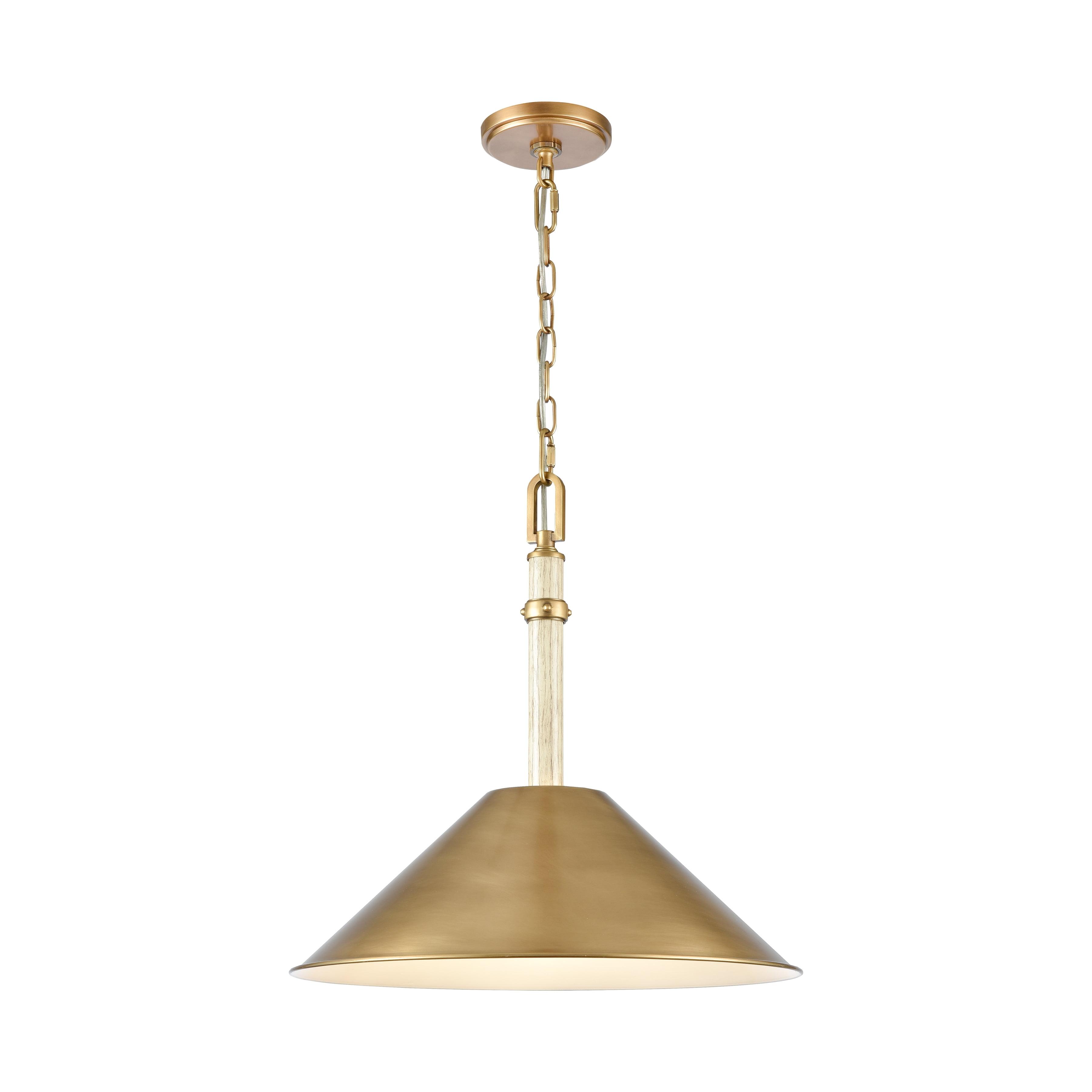 Natural Brass and Bleached White Wood Cone Pendant Light