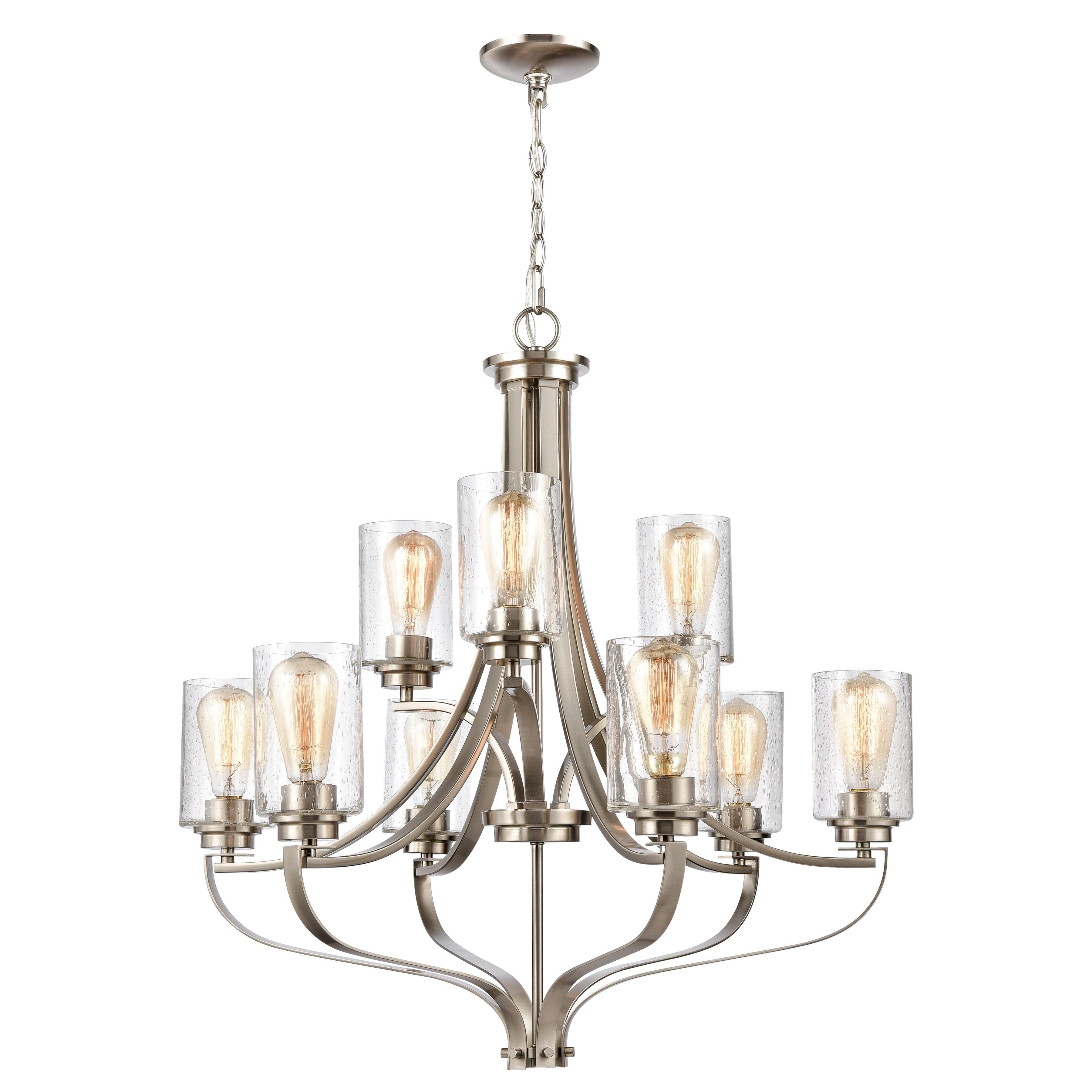 Brushed Nickel 9-Light Chandelier with Clear Seeded Glass Shades