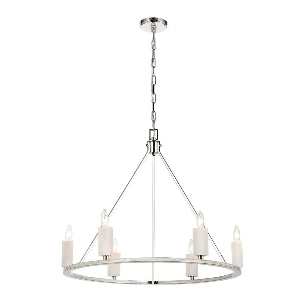 Polished Nickel and Oak 6-Light Candle Chandelier