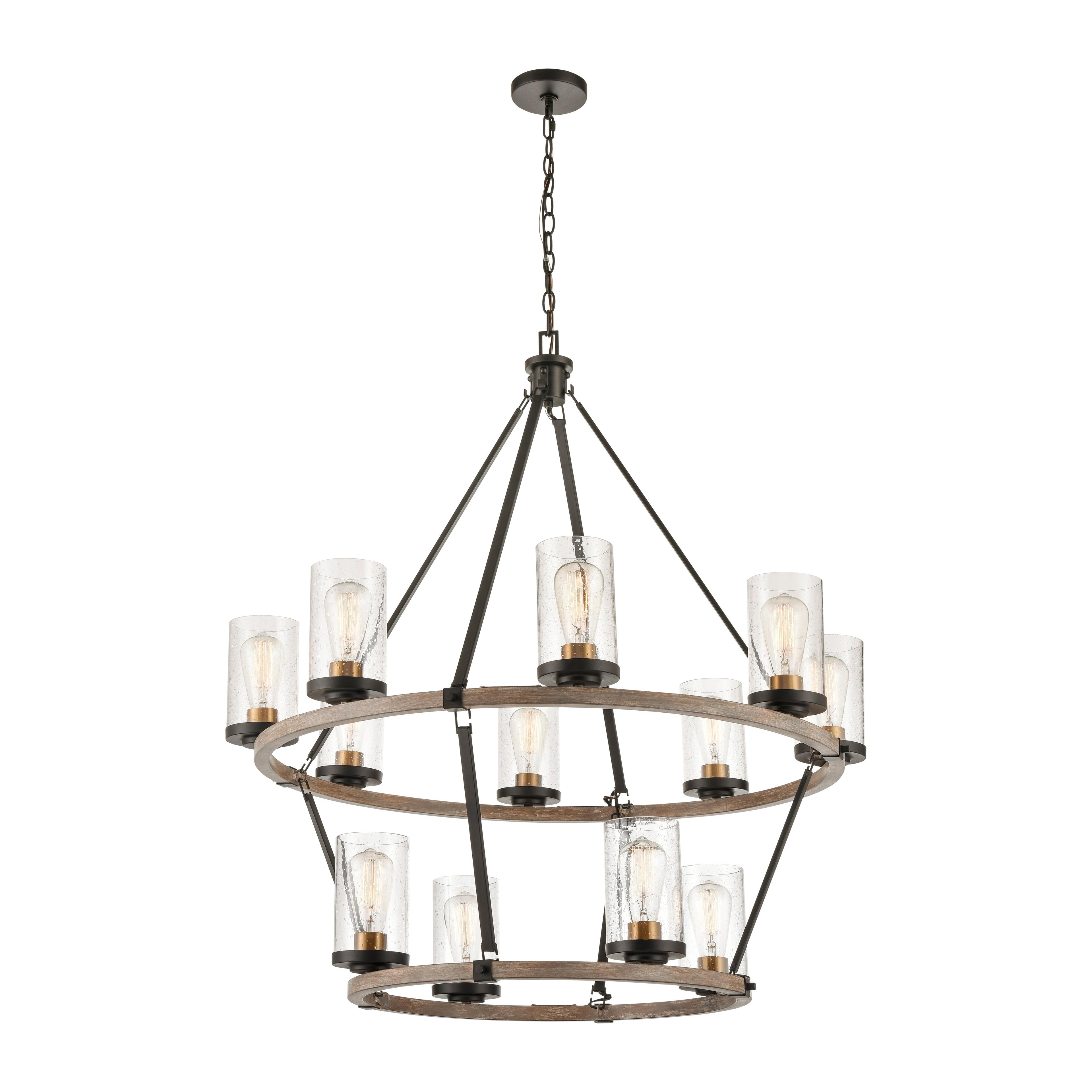 Charcoal Beechwood and Brass 12-Light Chandelier with Seeded Glass