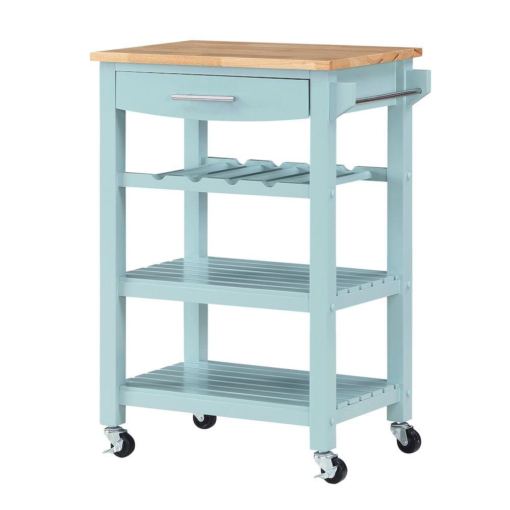 Sea Foam Blue Wood Butcher Block Kitchen Cart with Wine Rack