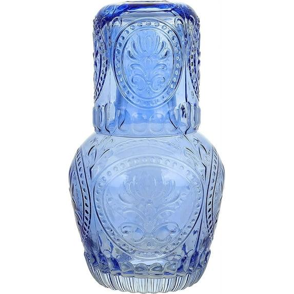 Elle Decor 2-Piece Carafe Set, Bedside Night Water Carafe, Glass Pitcher and Cup that Doubles as a Lid, Perfect for Desktop/Shelf (Blue)