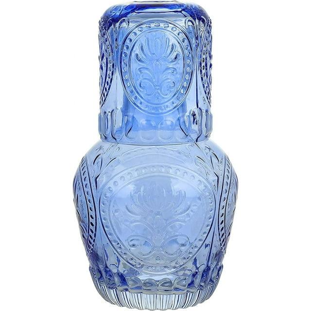 Elle Decor 2-Piece Carafe Set, Bedside Night Water Carafe, Glass Pitcher and Cup that Doubles as a Lid, Perfect for Desktop/Shelf (Blue)