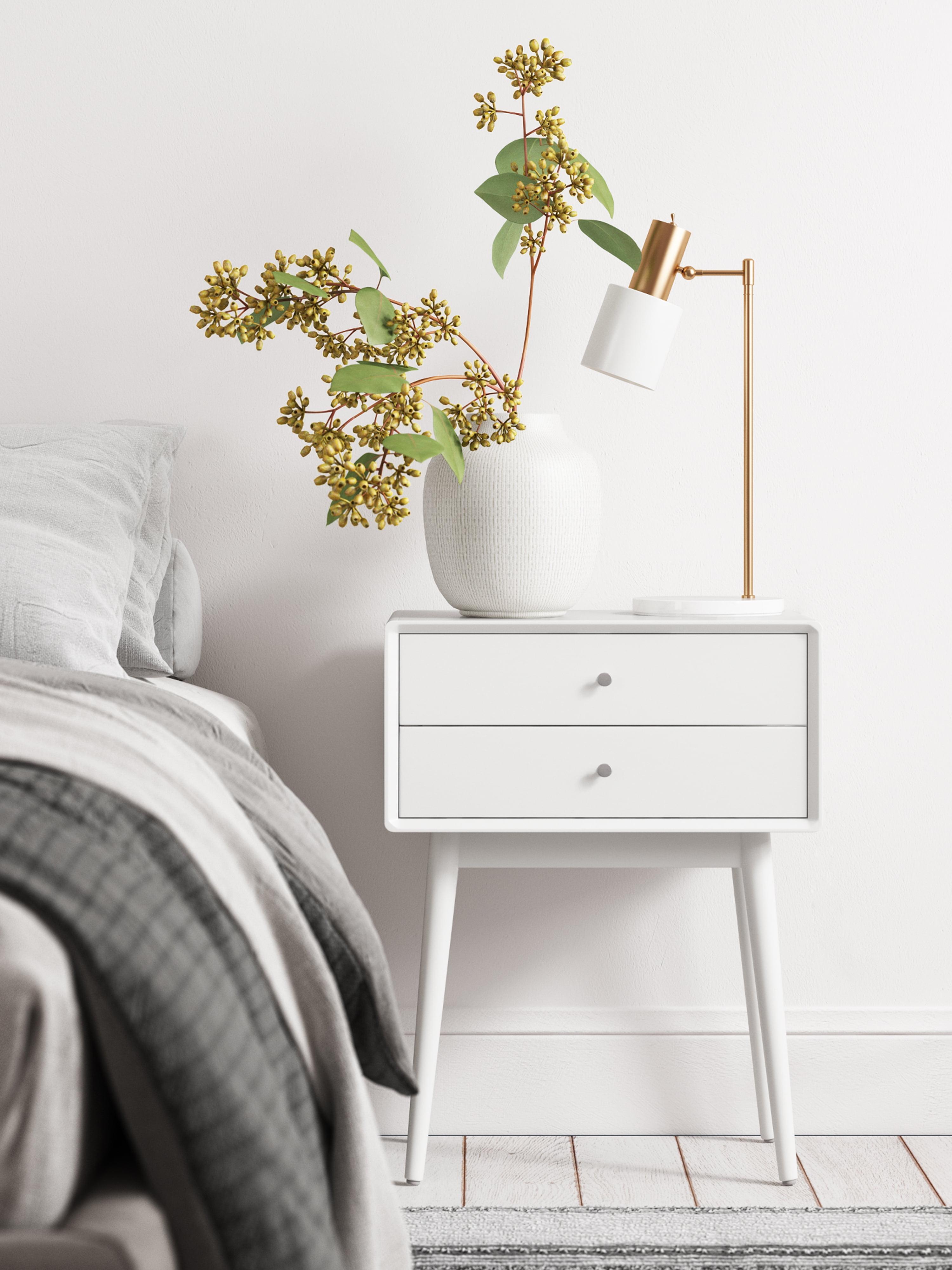 Mid-Century Modern White Wood and Metal Nightstand with Dual Drawers