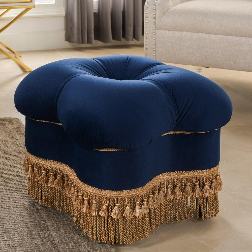 Navy Blue Velvet Clover Ottoman with Gold Fringe