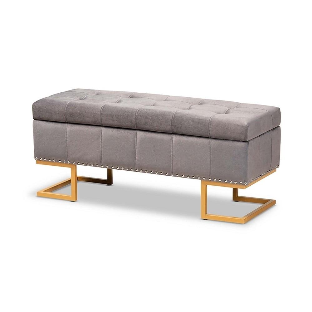 Ellery Grey Velvet Tufted Storage Ottoman with Gold Base