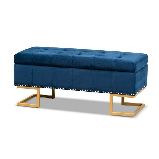 Ellery Velvet Fabric Upholstered Ottoman Gold/Blue - Baxton Studio: Storage, Nailhead Trim, Wood Frame