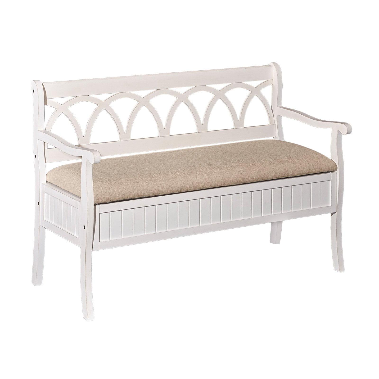 Elliana White and Beige Linen Storage Bench with Curved Arms