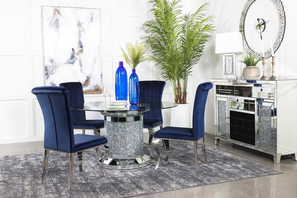 Ellie 5-Piece Round Glass and Blue Velvet Dining Set