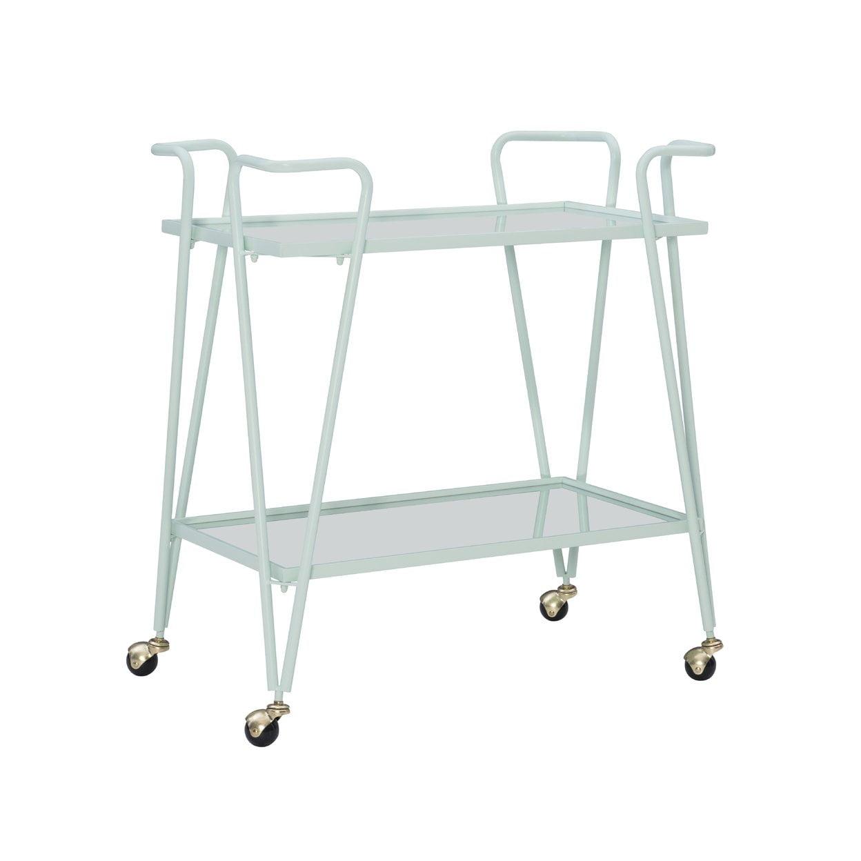 Mint Green Mid-Century Modern Bar Cart with Mirrored Shelves