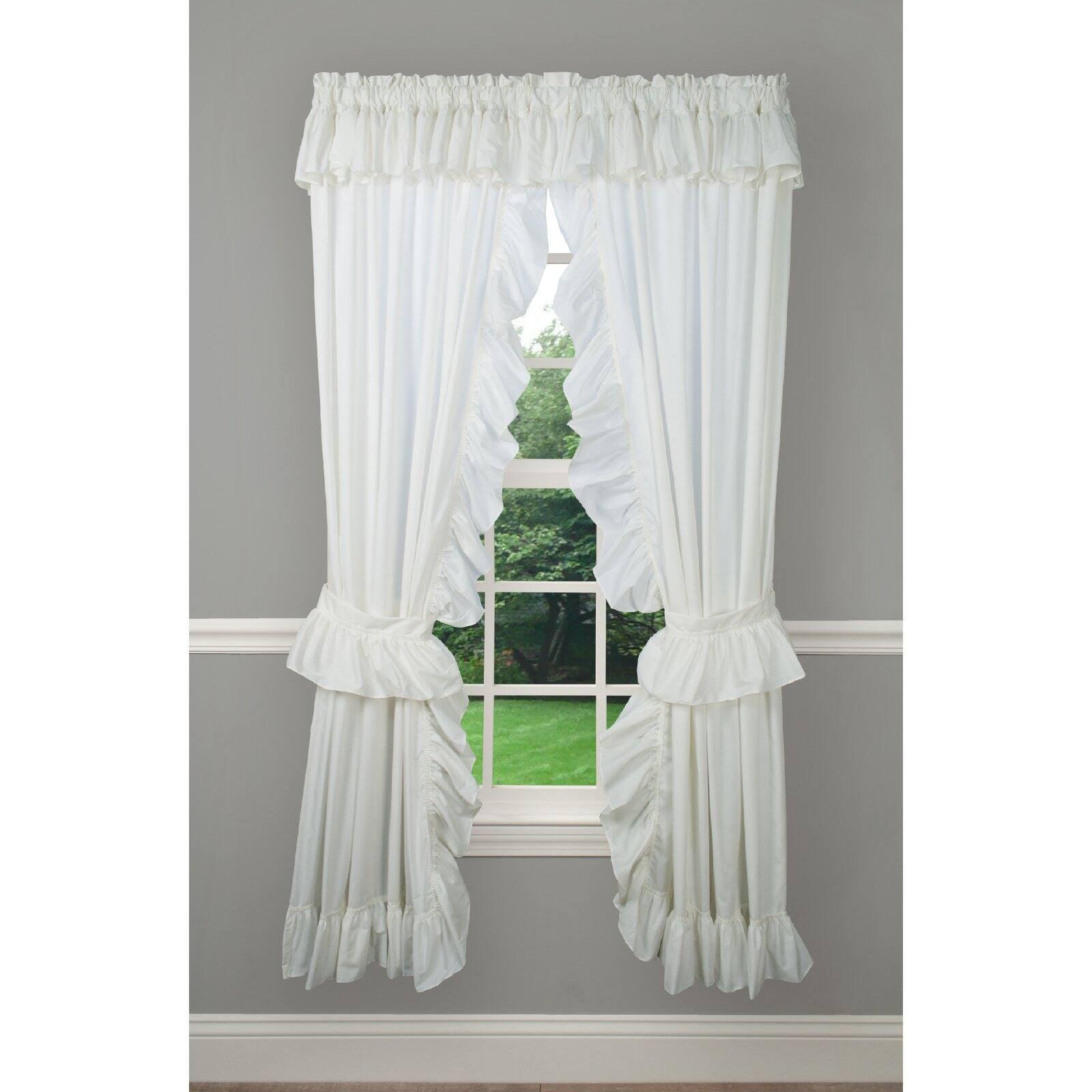 Natural Cotton Polyester Ruffled Rod Pocket Curtain Panel Pair