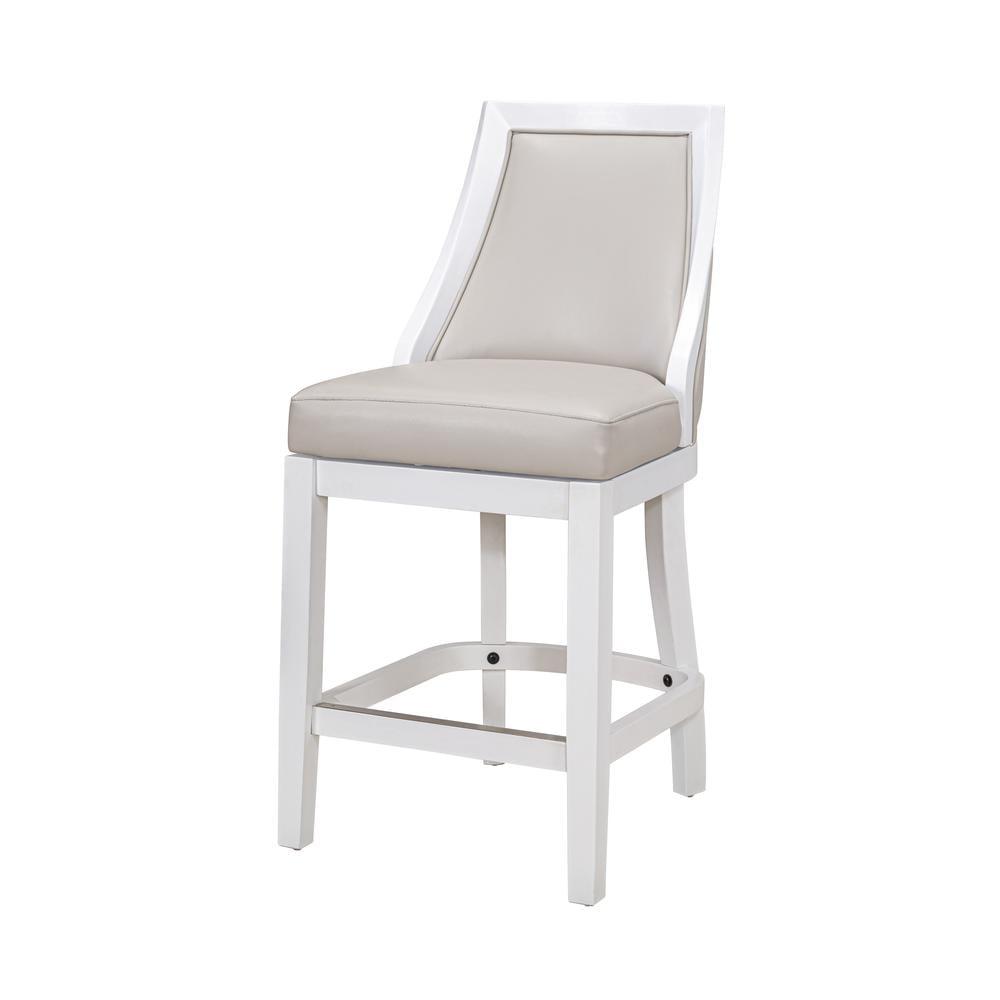 Alabaster White Wood and Faux Leather Swivel Bar Stool