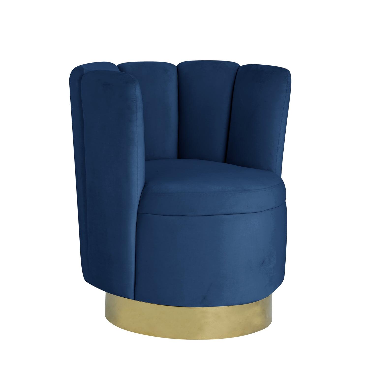 Ellis Blue Velvet Swivel Barrel Accent Chair with Wood Base