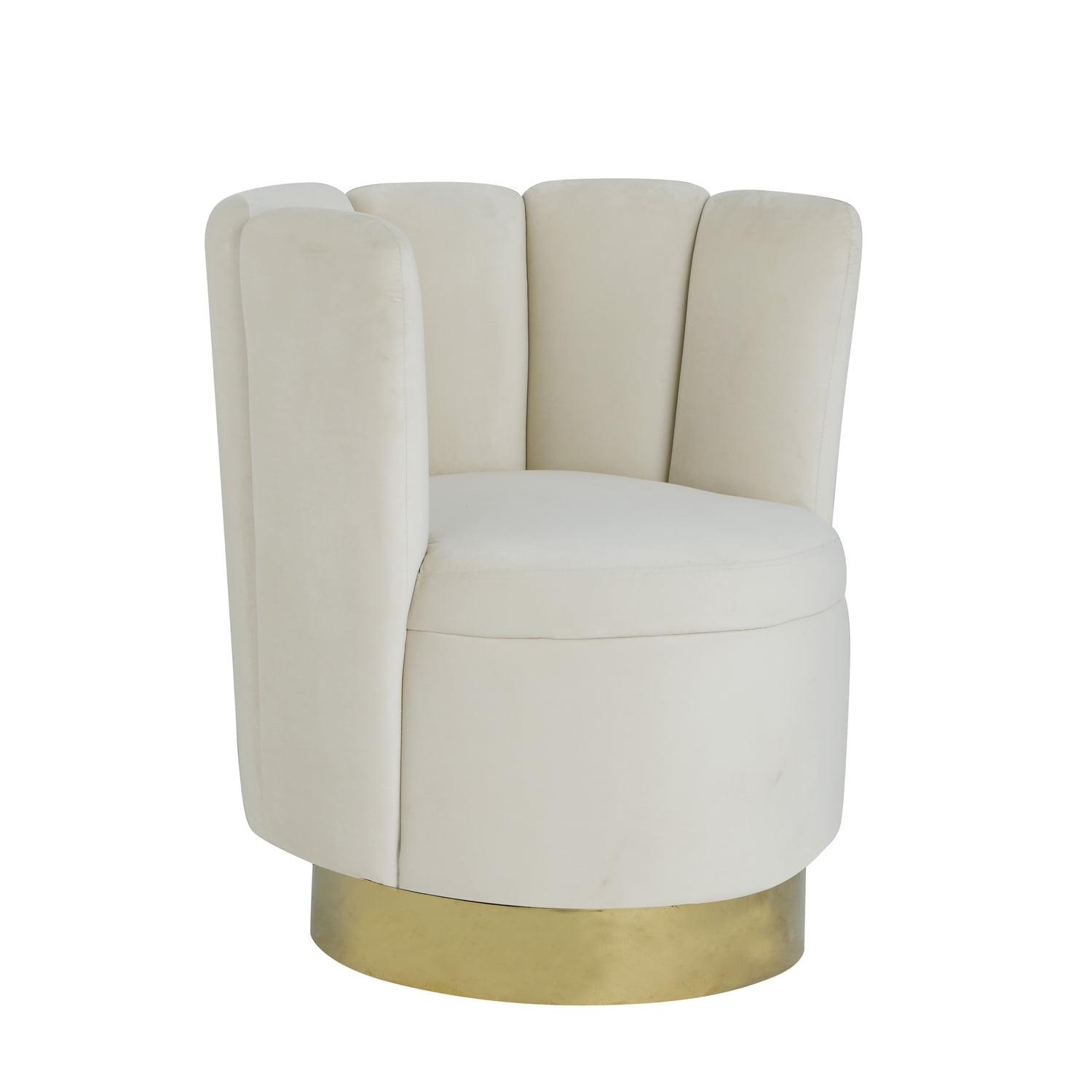 Elegant White Velvet Swivel Barrel Accent Chair with Wood Base