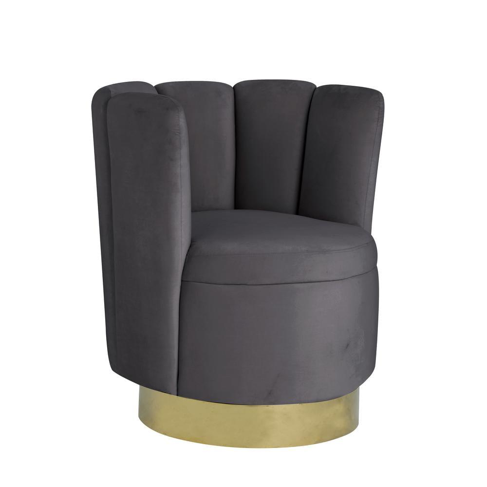 Swivel Gray Velvet Barrel Accent Chair with Wooden Base