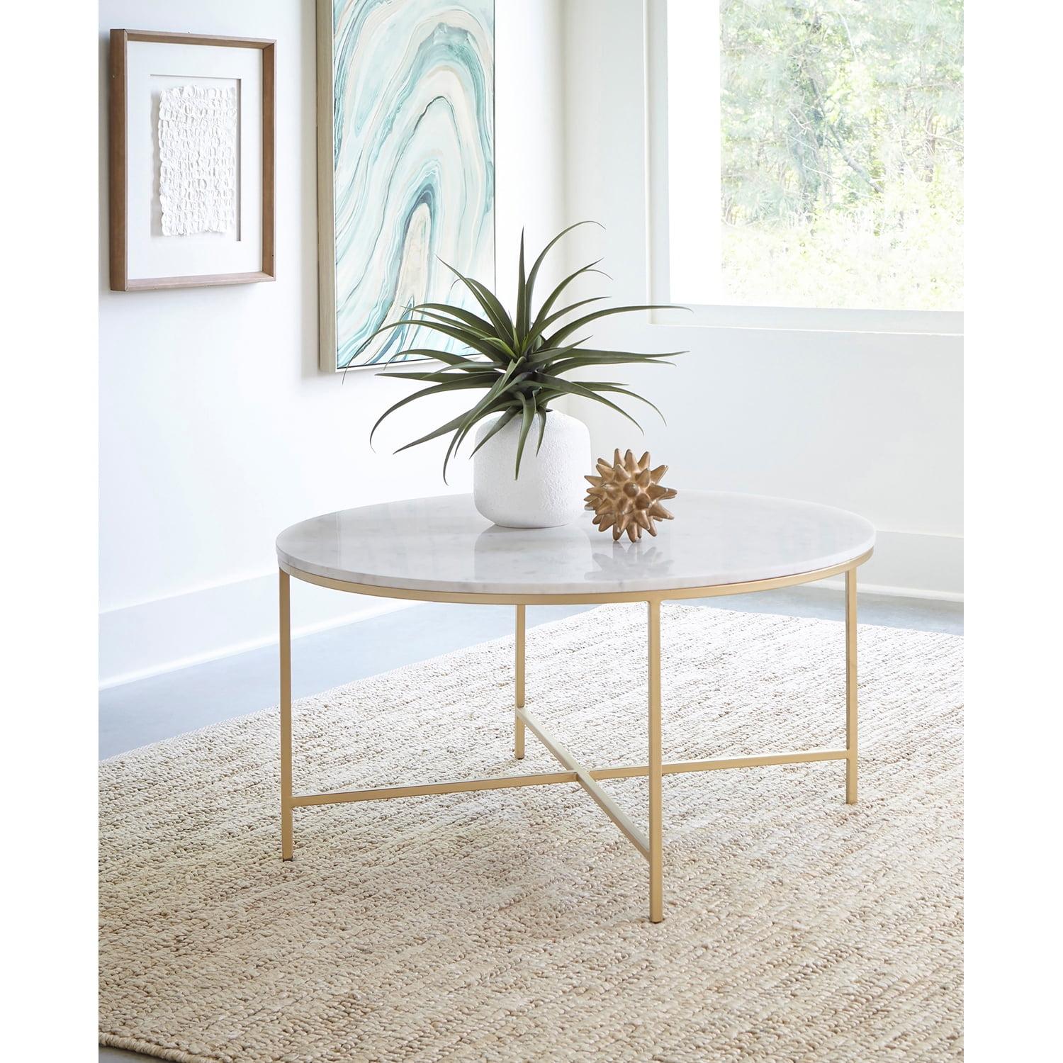 Ellison 36" Round White Marble and Gold Metal Coffee Table