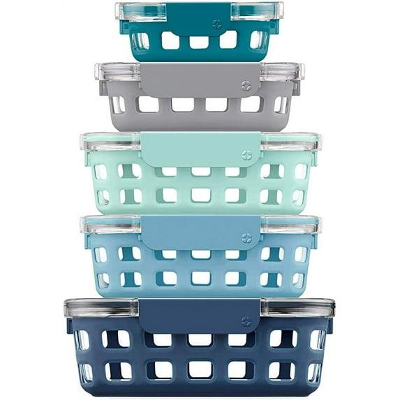 Ello Duraglass BLUE Glass Food Container - Silicone Protection, 10PC Set