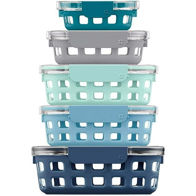 Ello Duraglass BLUE Glass Food Container - Silicone Protection, 10PC Set