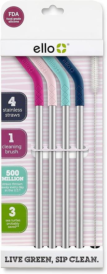 Ello 4-Pack Stainless Steel Straws with Silicone Tips