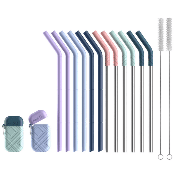 Ello 16-Piece Reusable Straw Set with 2 Carrying Cases & 2 Cleaning Brushes