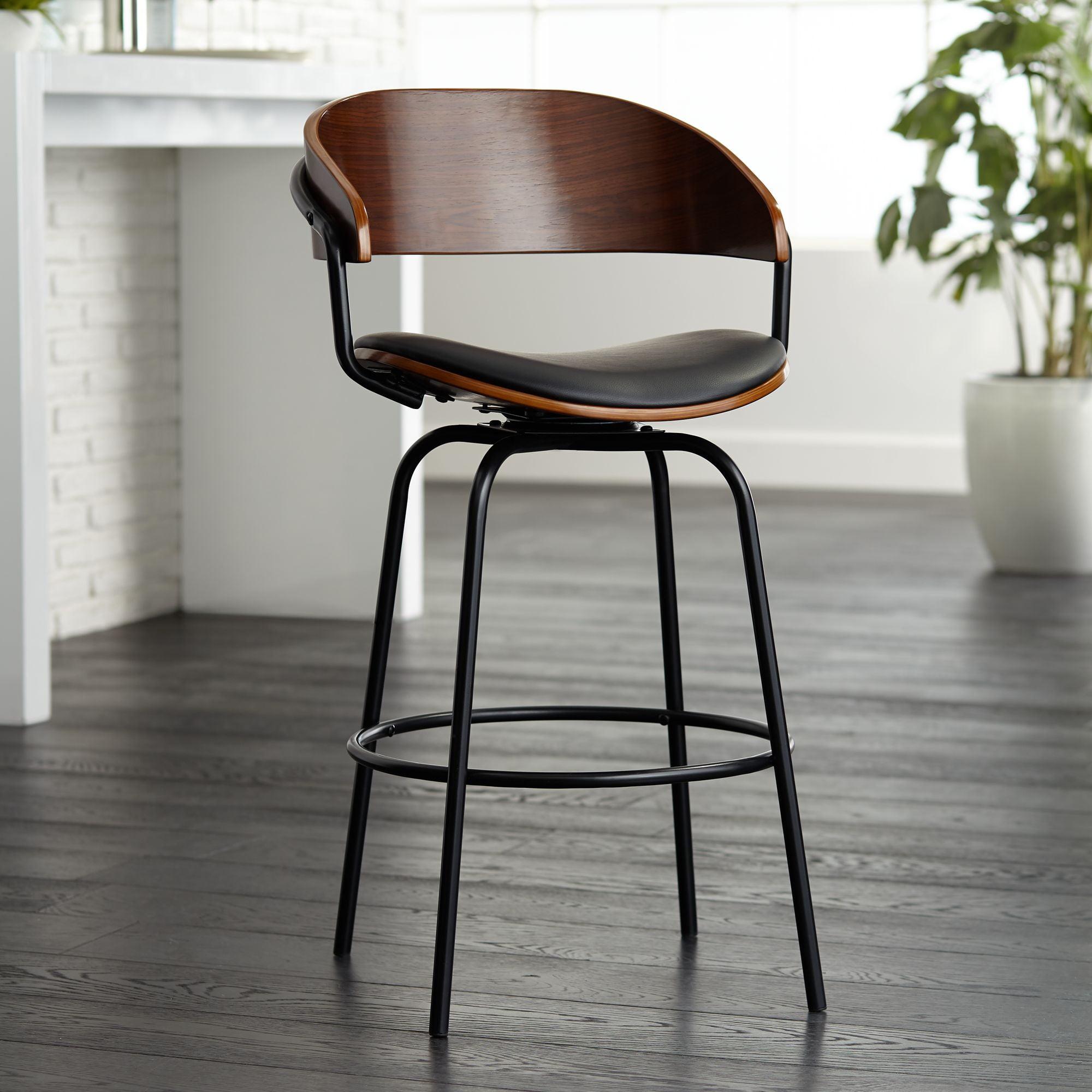 Larsen 26" Mid-Century Modern Swivel Bar Stool in Black Faux Leather & Walnut