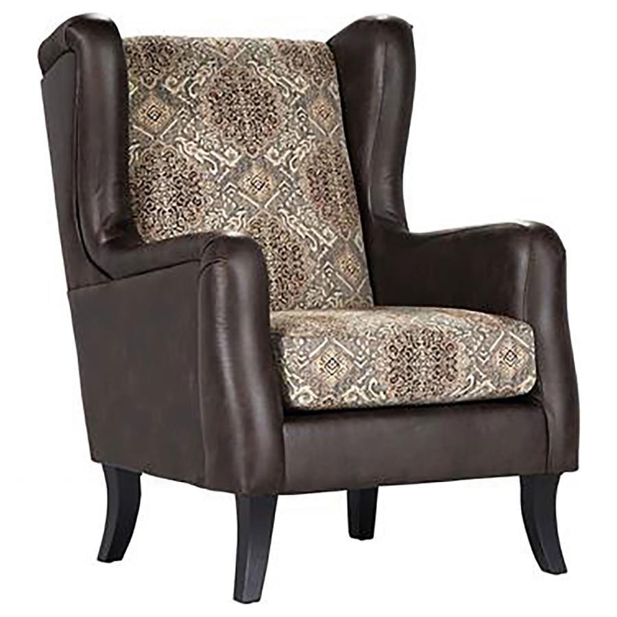 Brown Faux Leather Wingback Accent Chair with Jacquard Pattern