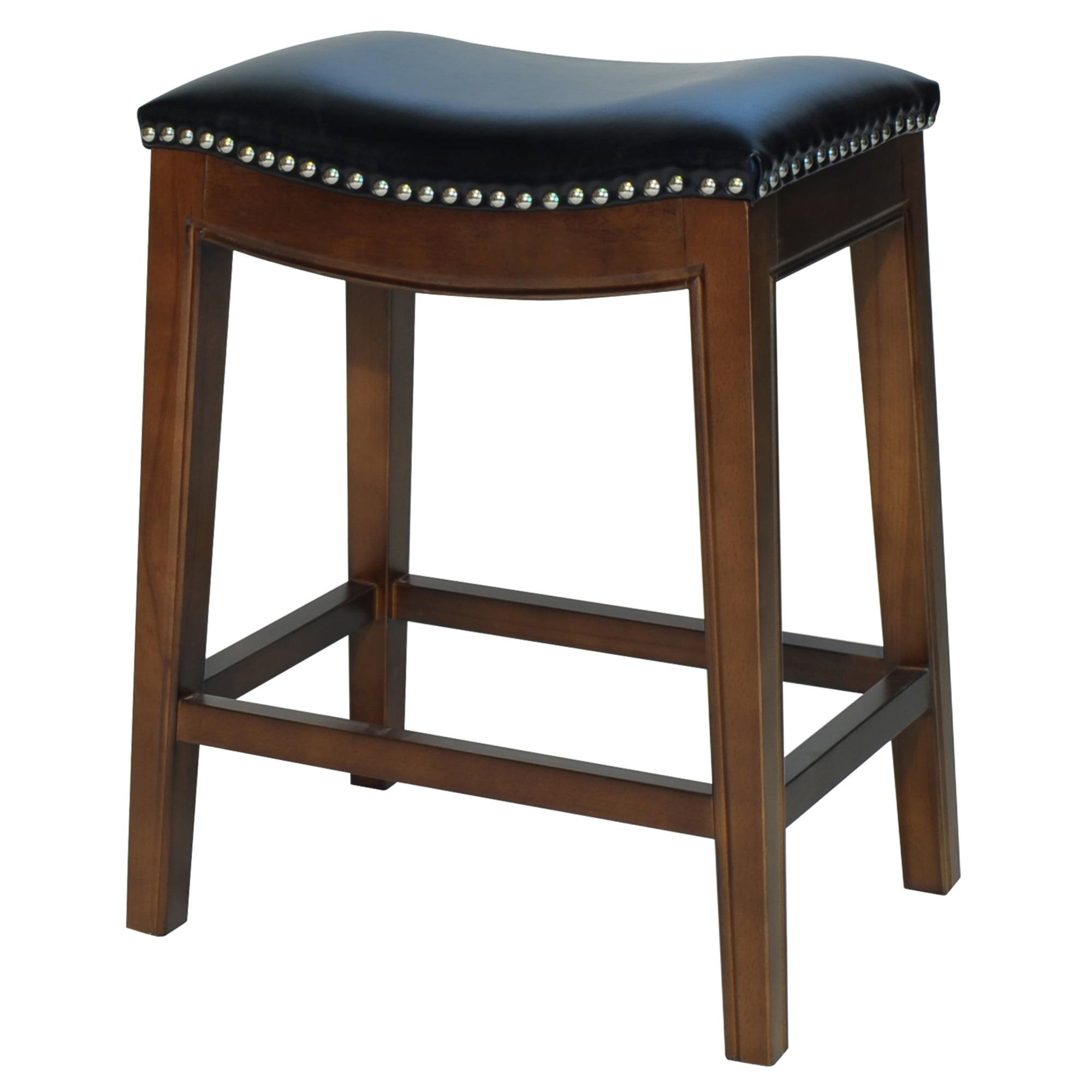 Adjustable Black Leather Saddle Style Wood Counter Stool