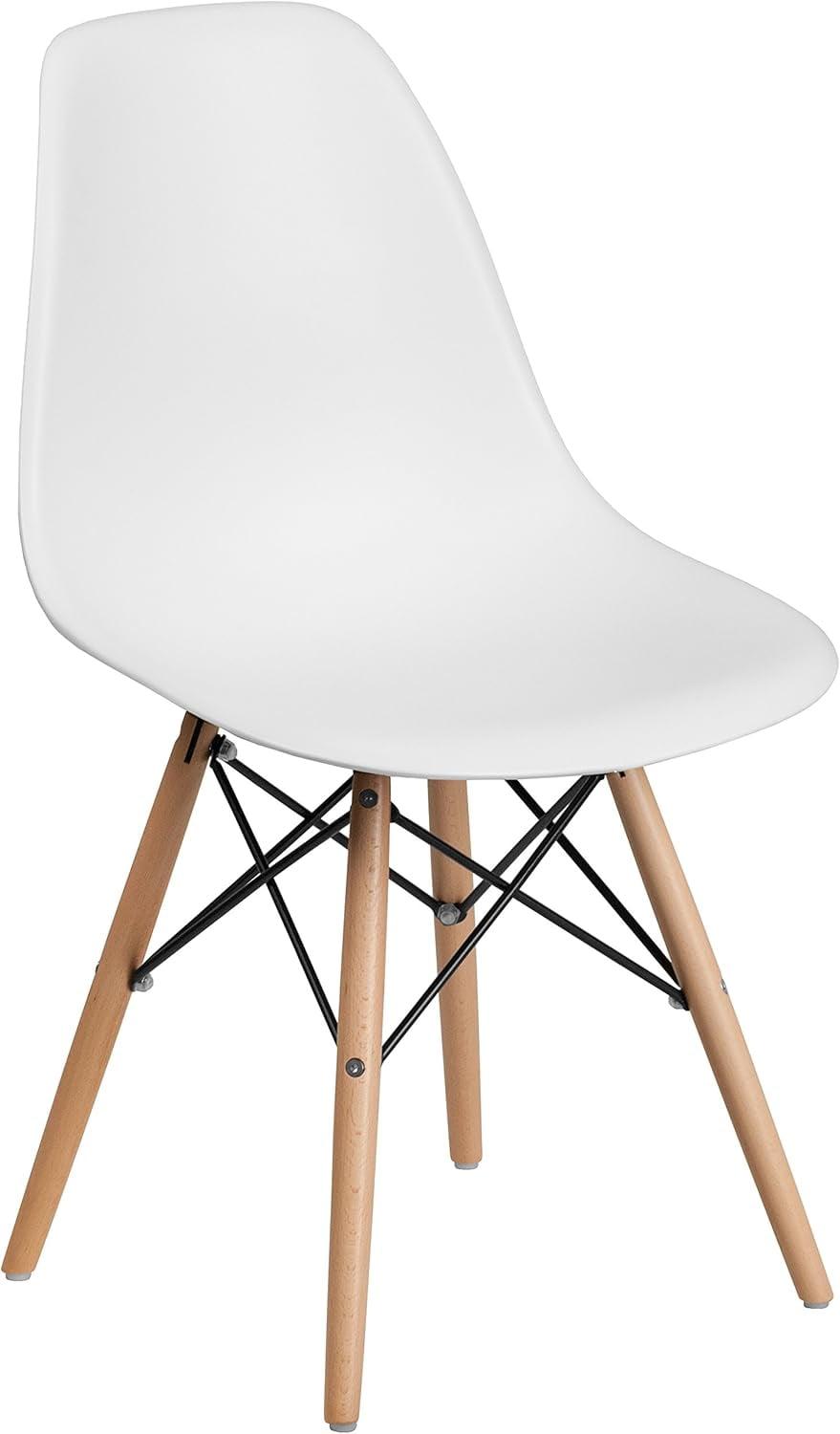 White Plastic Side Chair with Wooden Legs and Metal Bracing