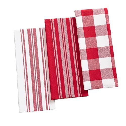 Farmhouse Living Stripe and Check Kitchen Towels, Set of 3 - 17" x 28" - Red/White - Elrene Home Fashions