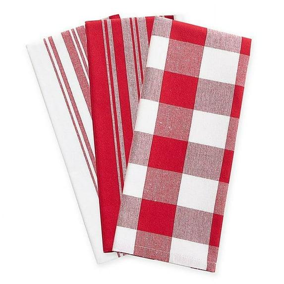 Farmhouse Living Stripe and Check Kitchen Towels, Set of 3 - 17" x 28" - Red/White - Elrene Home Fashions