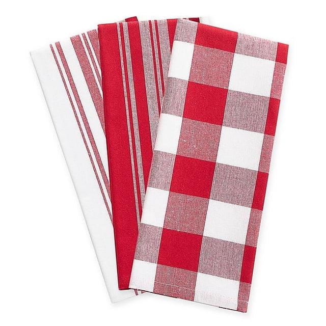 Farmhouse Living Stripe and Check Kitchen Towels, Set of 3 - 17" x 28" - Red/White - Elrene Home Fashions