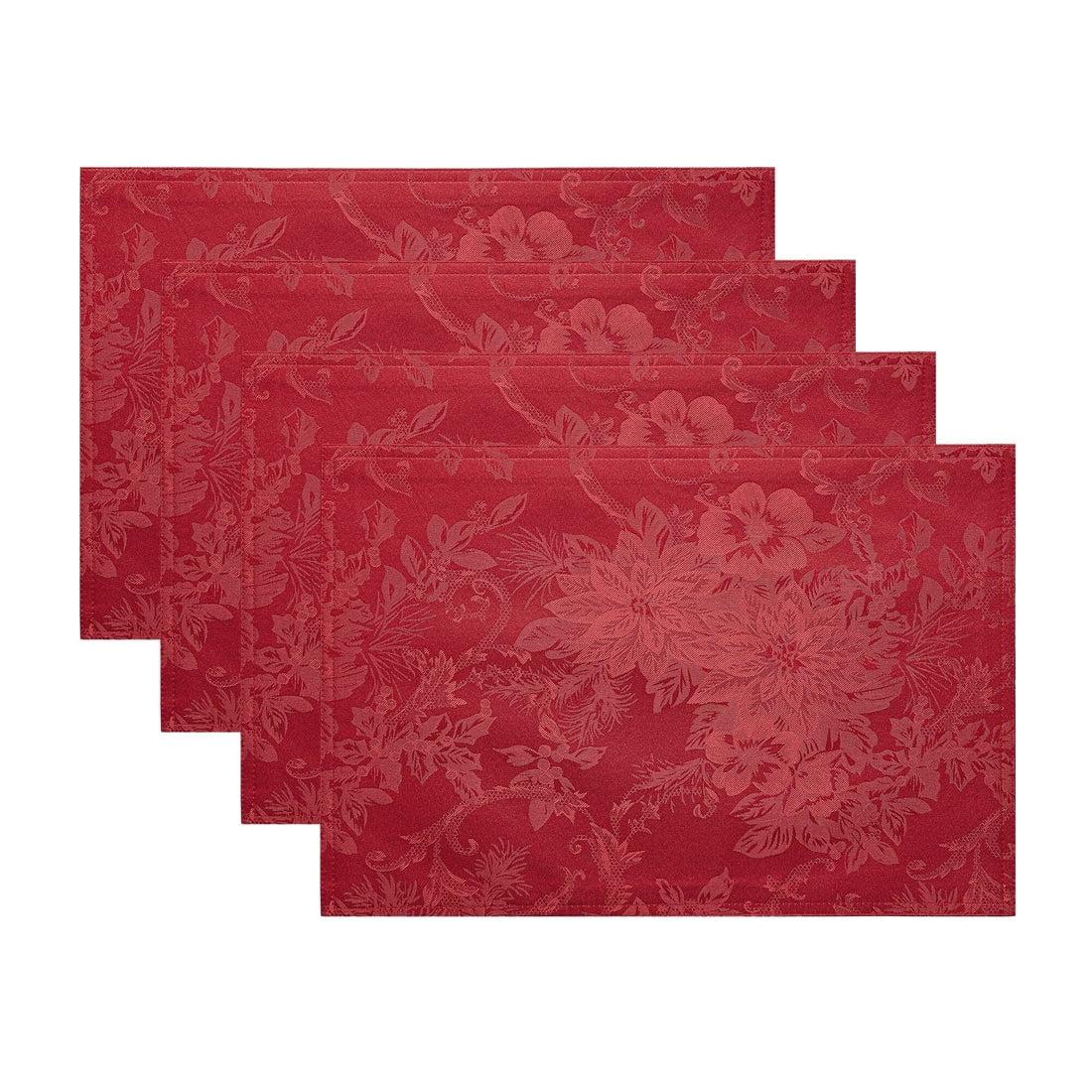 Poinsettia Elegance Jacquard Holiday Placemat, Set of 4 - 13" x 19" - Red - Elrene Home Fashions