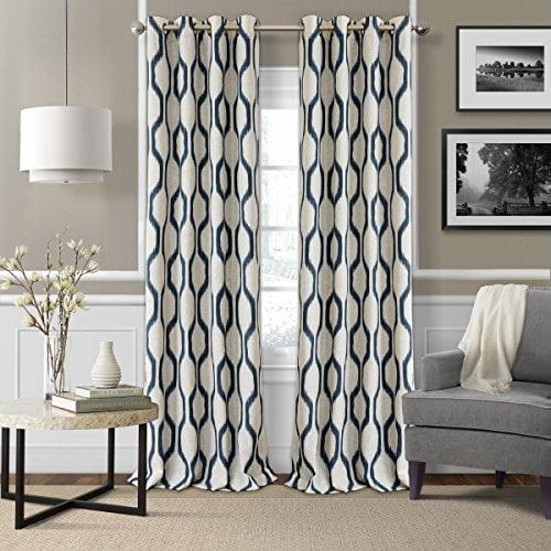 Renzo Ikat Geometric Linen Room Darkening Single Window Curtain Panel - 52" x 95" - Indigo - Elrene Home Fashions