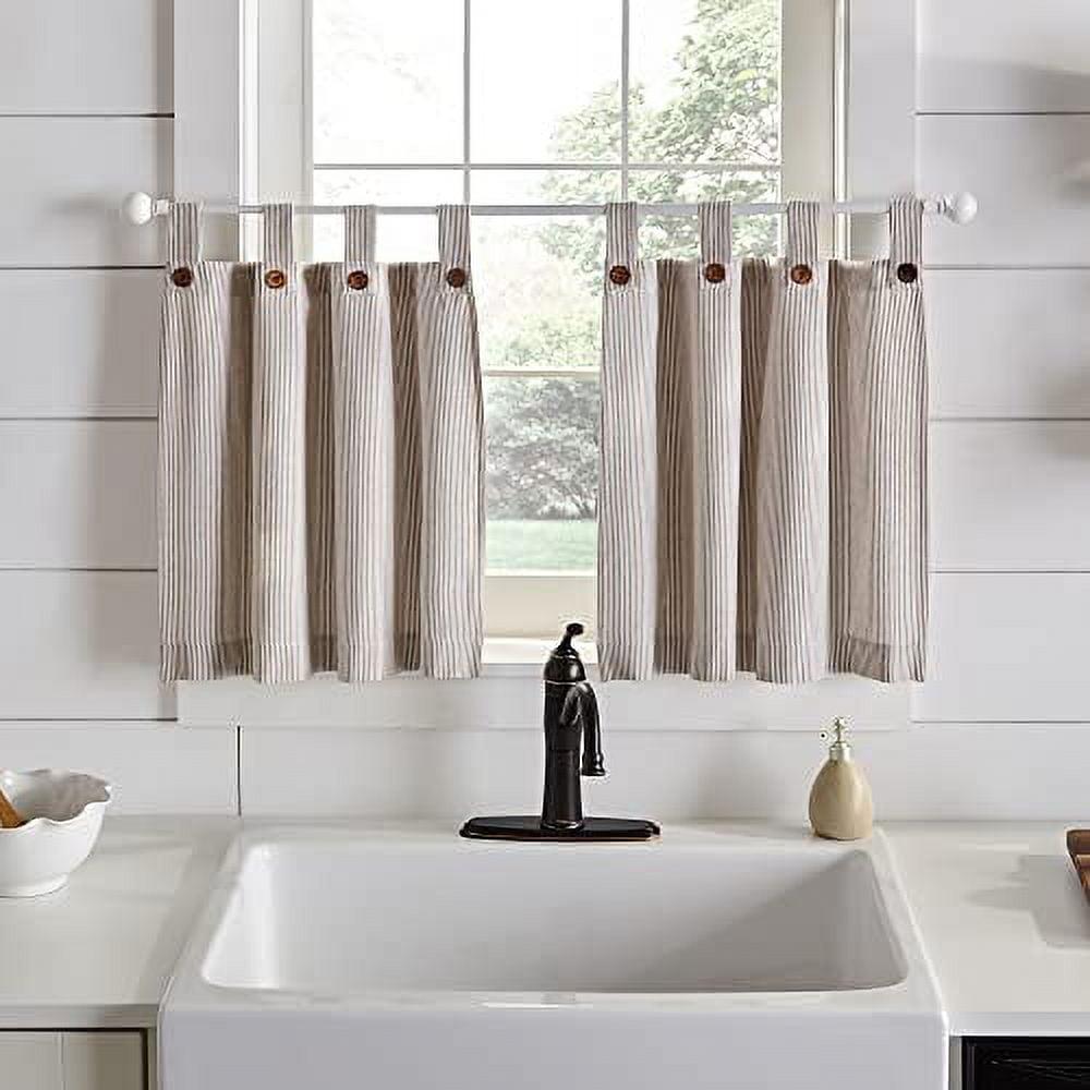 Tucker Ticking Stripe Button Tab Top Window Kitchen Tier Set of 2 - 30" x 24" - Linen - Elrene Home Fashions