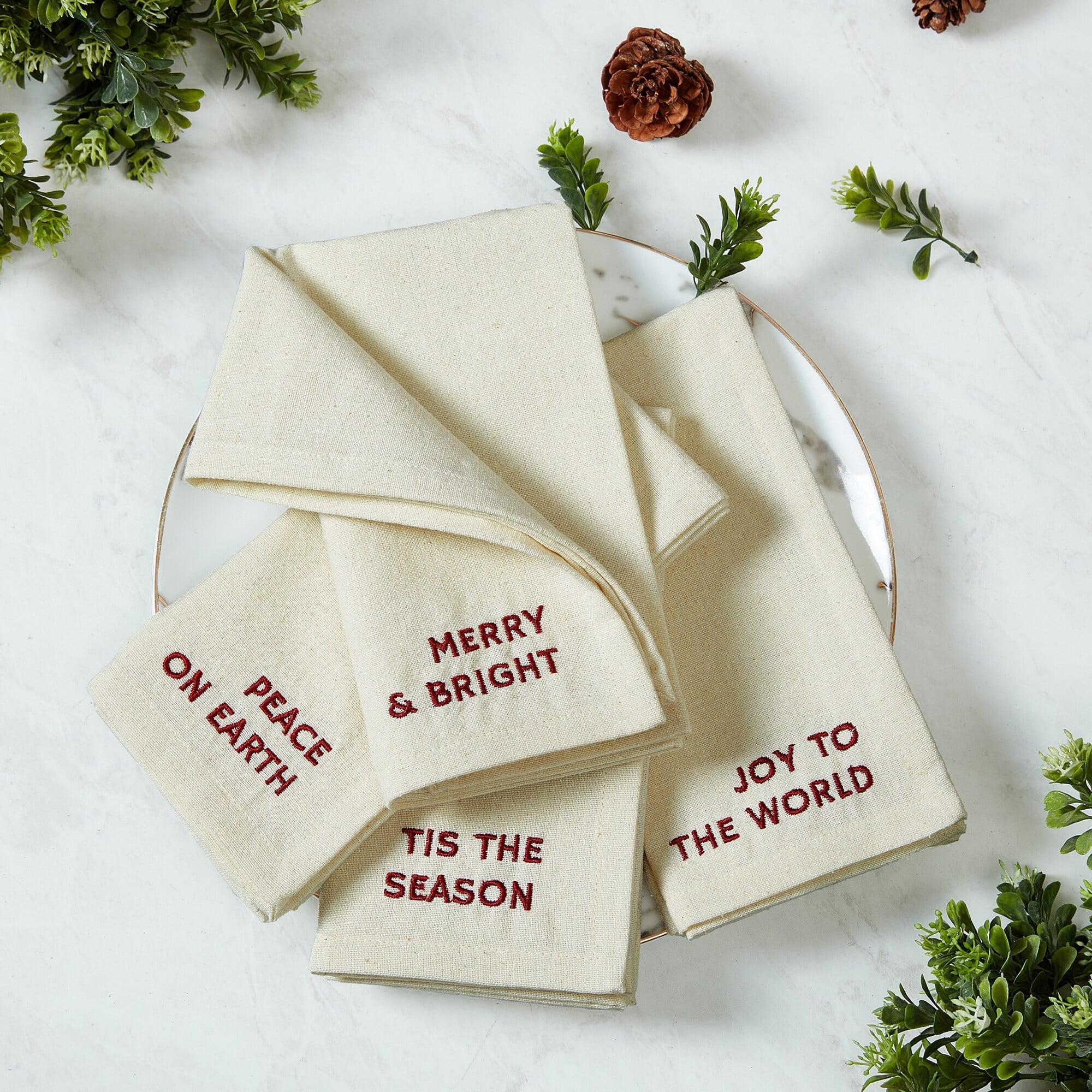 Ivory Embroidered Holiday Sentiment Cotton Napkins, Set of 4