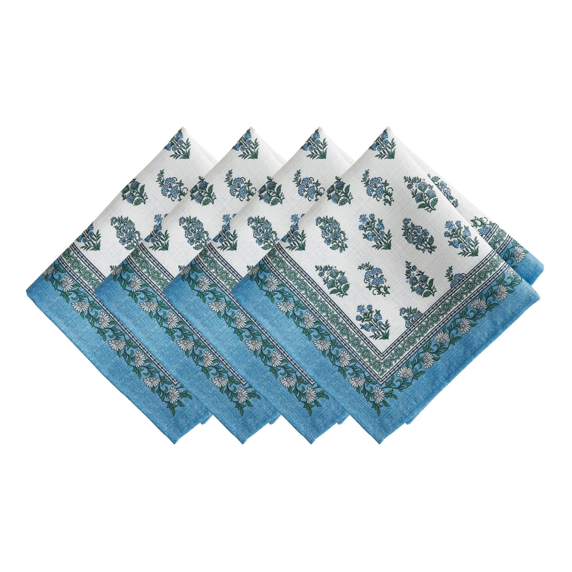 Tropez Blue and Green Polyester Block Print Napkins, Set of 4