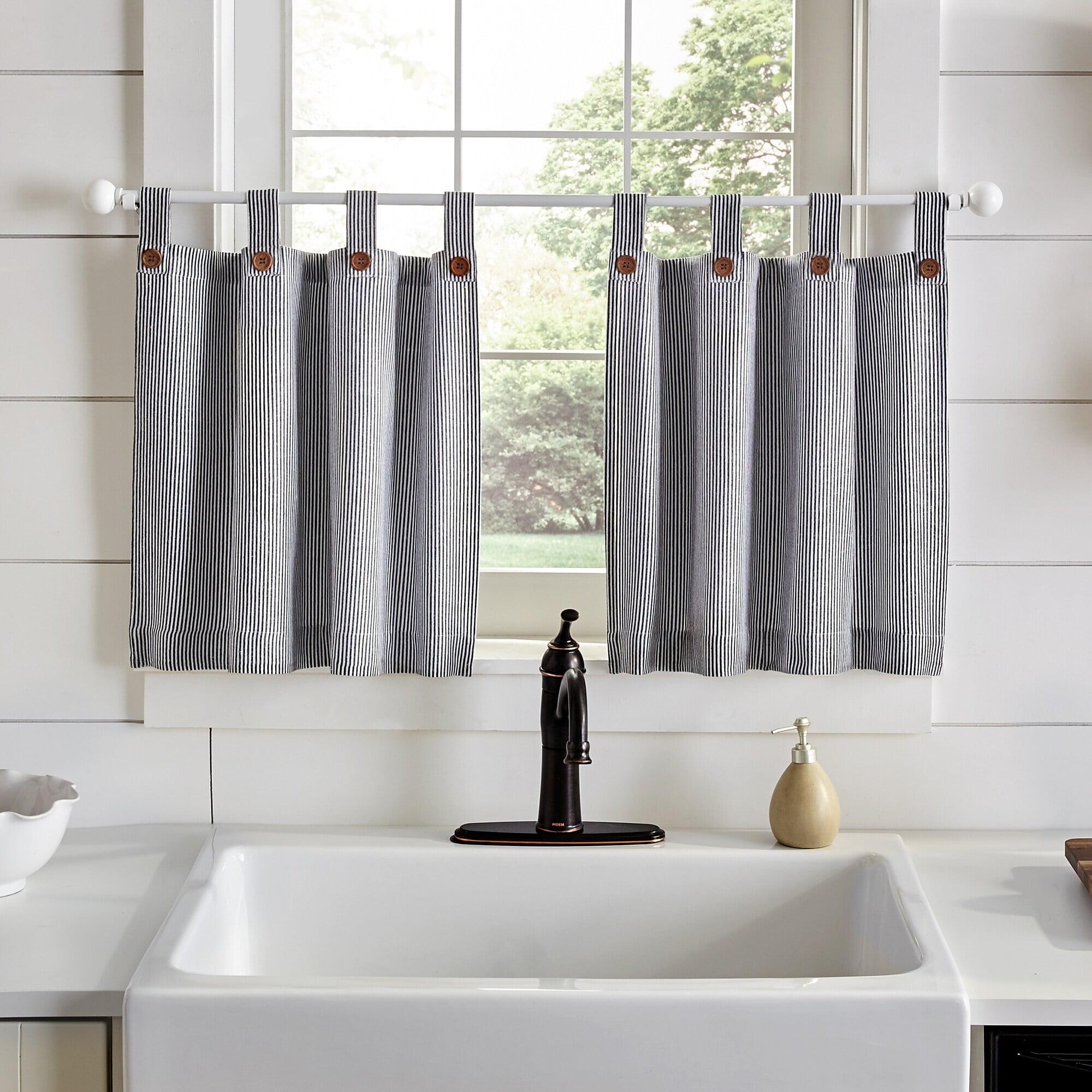 Elrene Tucker Ticking Stripe Kitchen Curtain Tier Set Black 30"w x 24"l