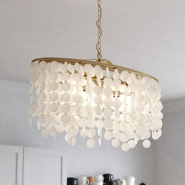 VAXCEL Elsa 5 Light Gold Brass Modern Coastal Glam Linear Chandelier Island Pendant Fixture with Capiz Shell