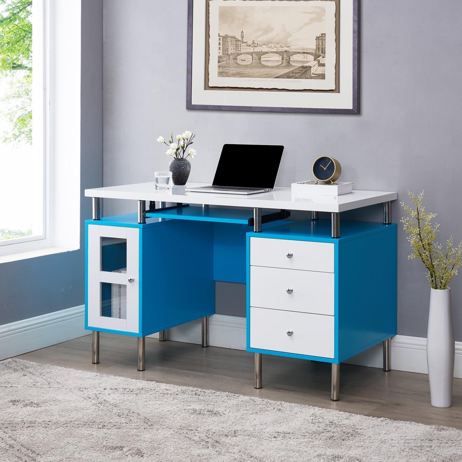 Elsy 3-Drawer File Cabinet Two-Tone Desk with Keyboard Tray, Power Outlets, USB Ports Charging Station, Metal Legs - 47.2" Wooden Computer Writing Desk Gaming Sturdy Home Office Desk- Robin Egg Blue