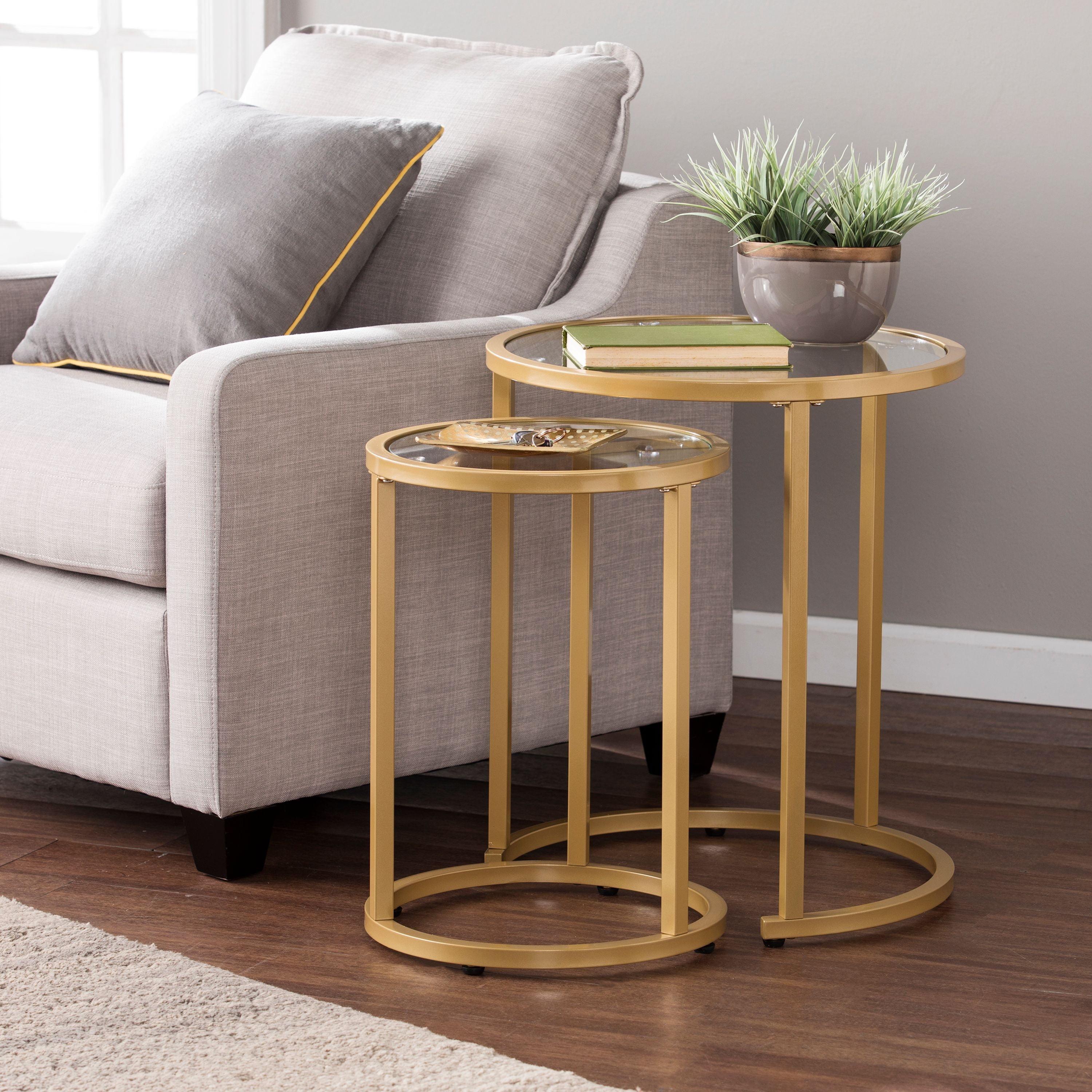 Gold Round Metal and Glass Nesting Side Tables, Set of 2