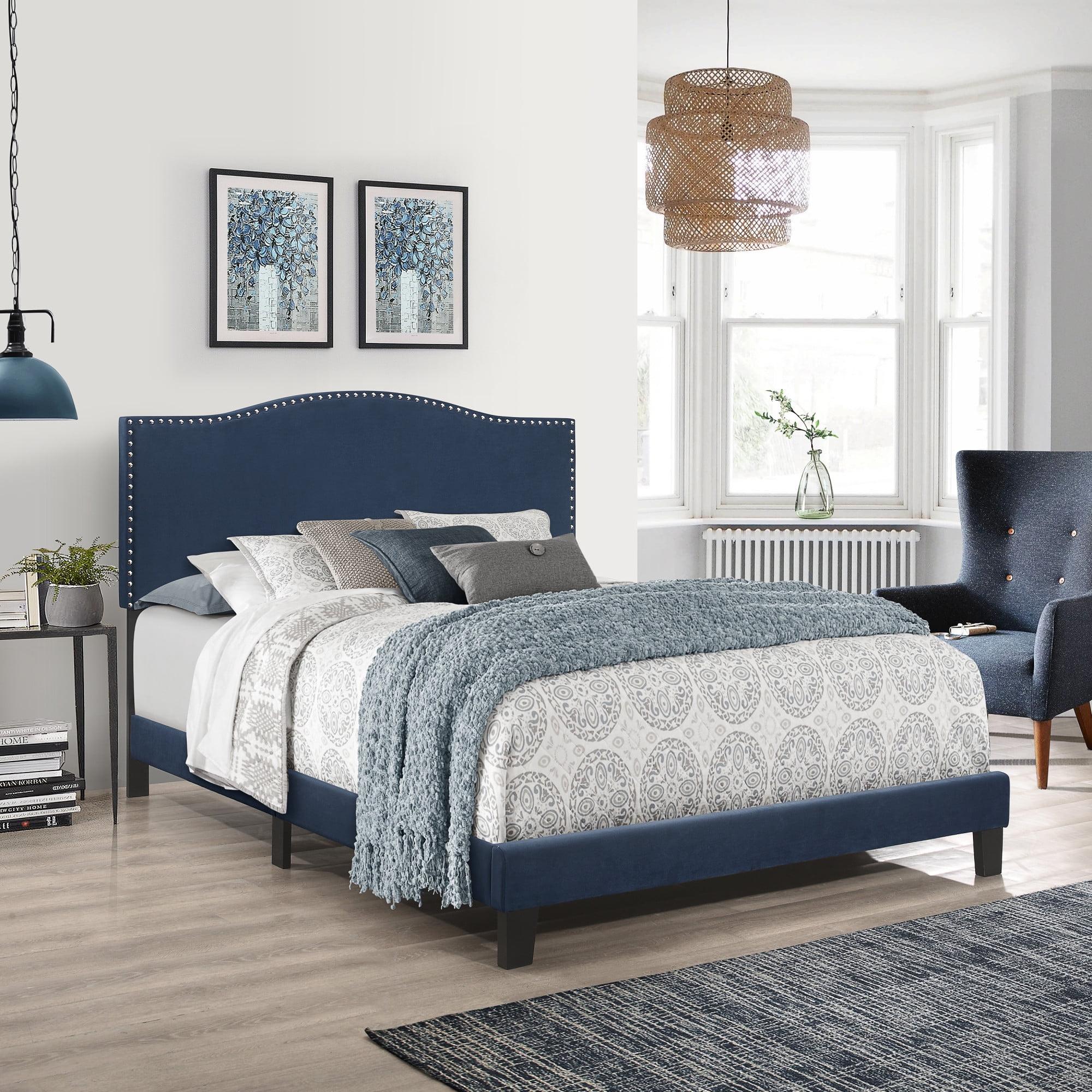 Queen Blue Velvet Upholstered Bed with Nailhead Trim