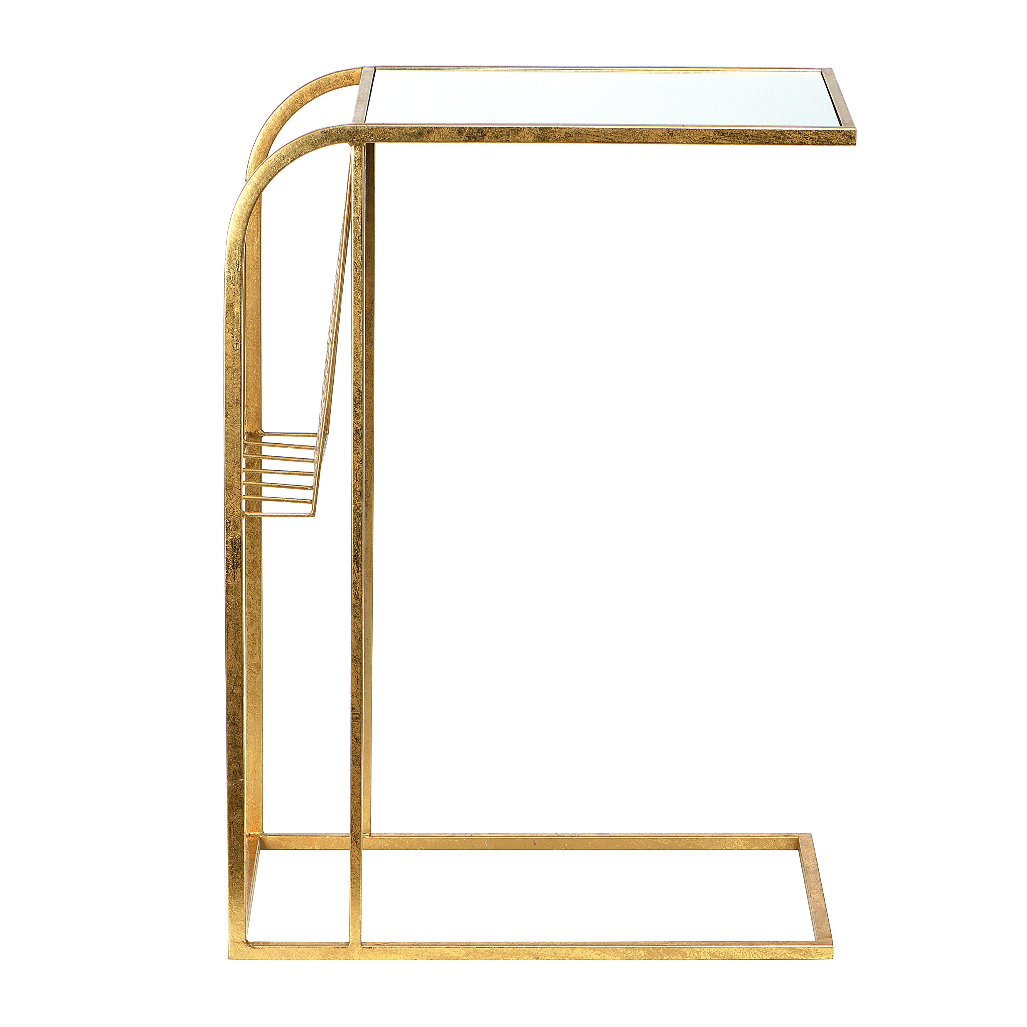 Gold Mirrored Metal Side Table with Magazine Rack, 27.5"