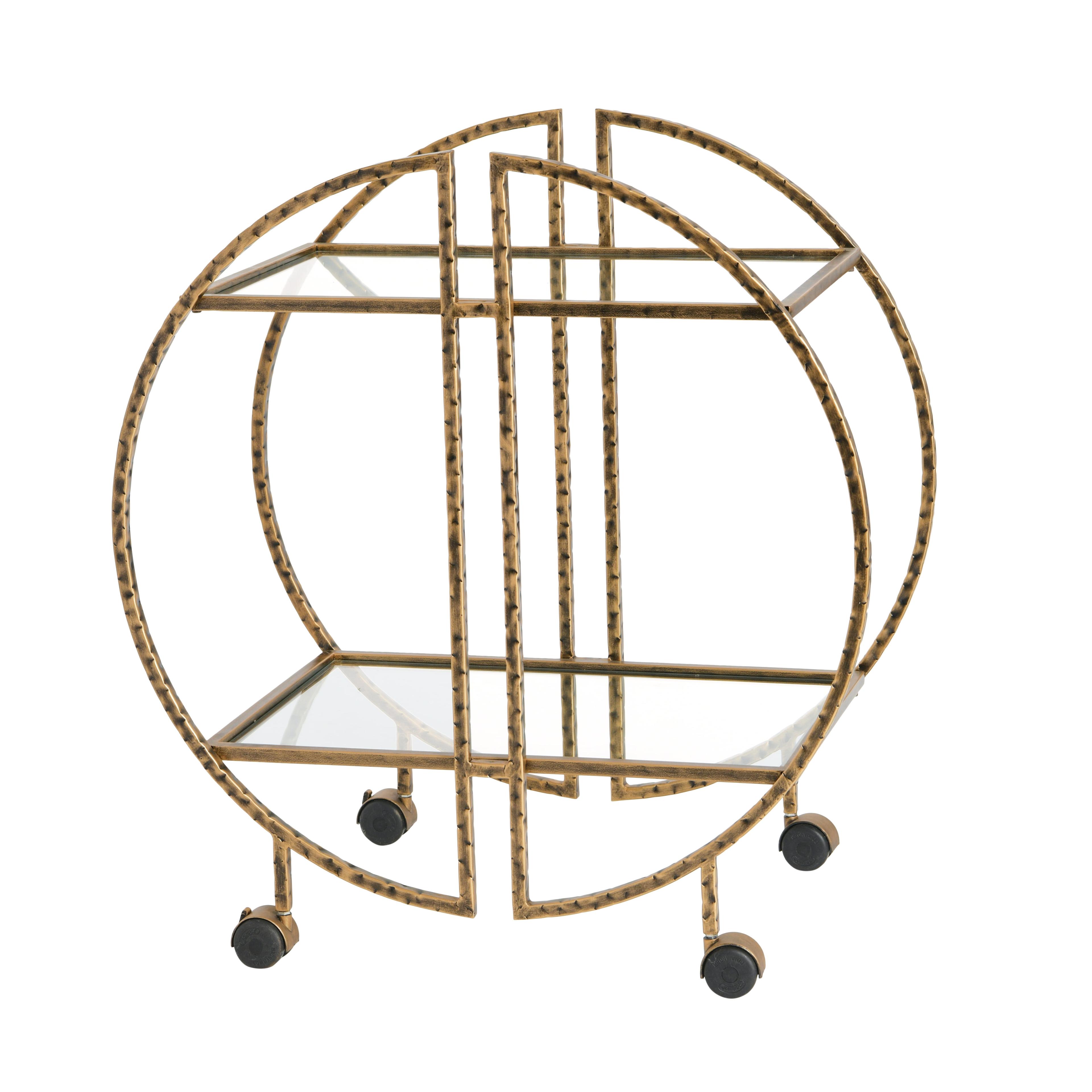 Ember Interiors Modern Round Hammered Brass Bar Cart with Wheels