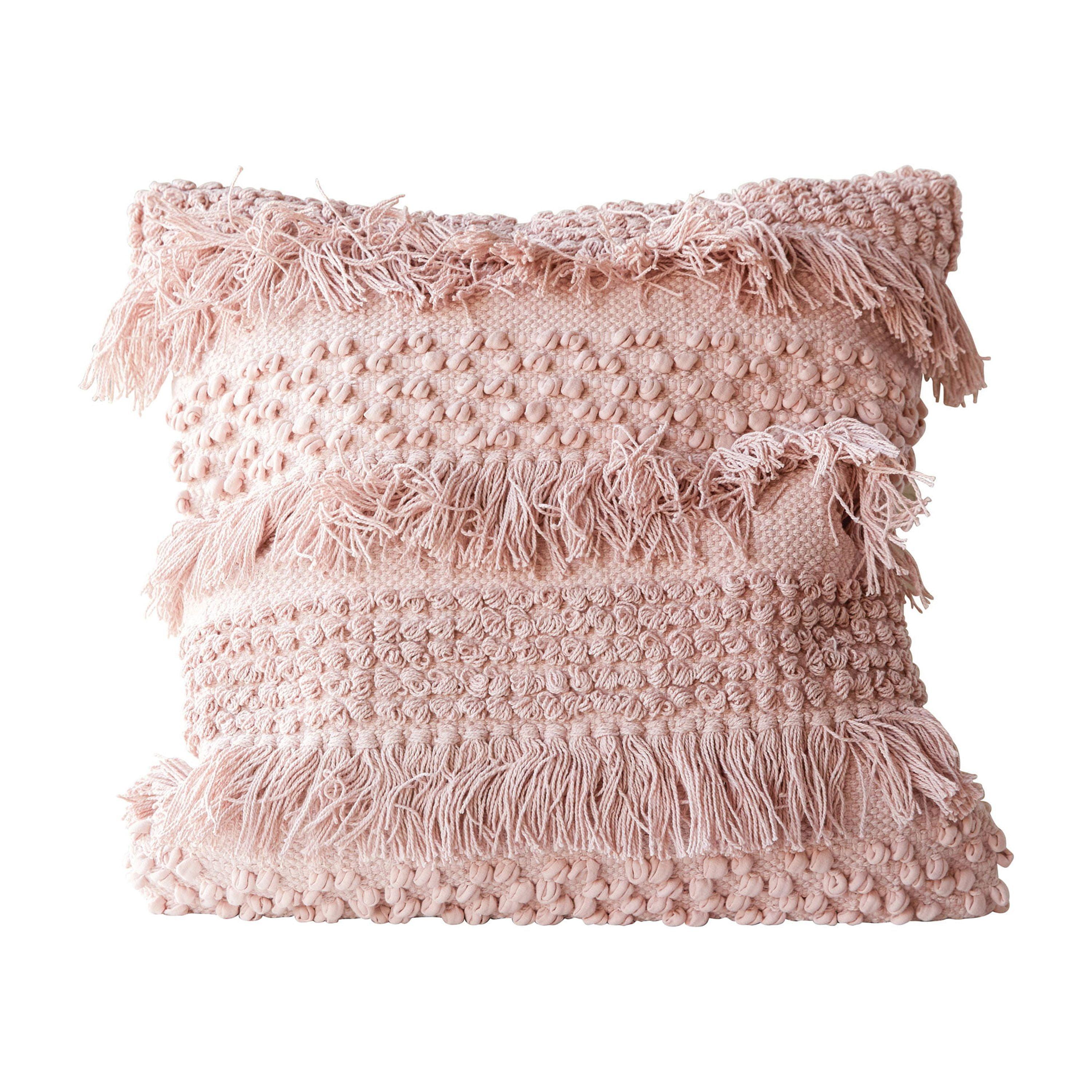 Pale Pink Cotton Fringe Square Throw Pillow