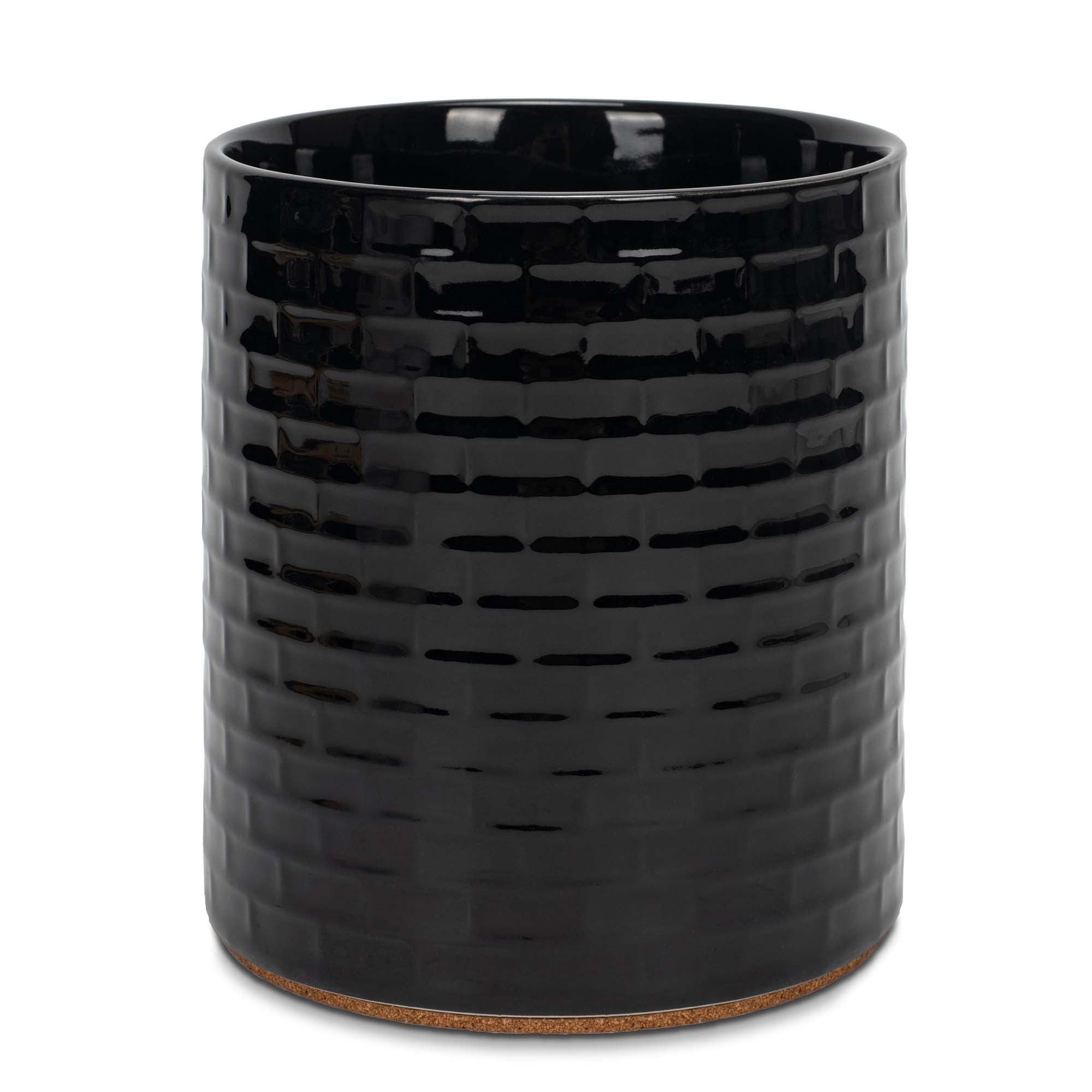 Glossy Black Ceramic Utensil Holder with Cork Bottom