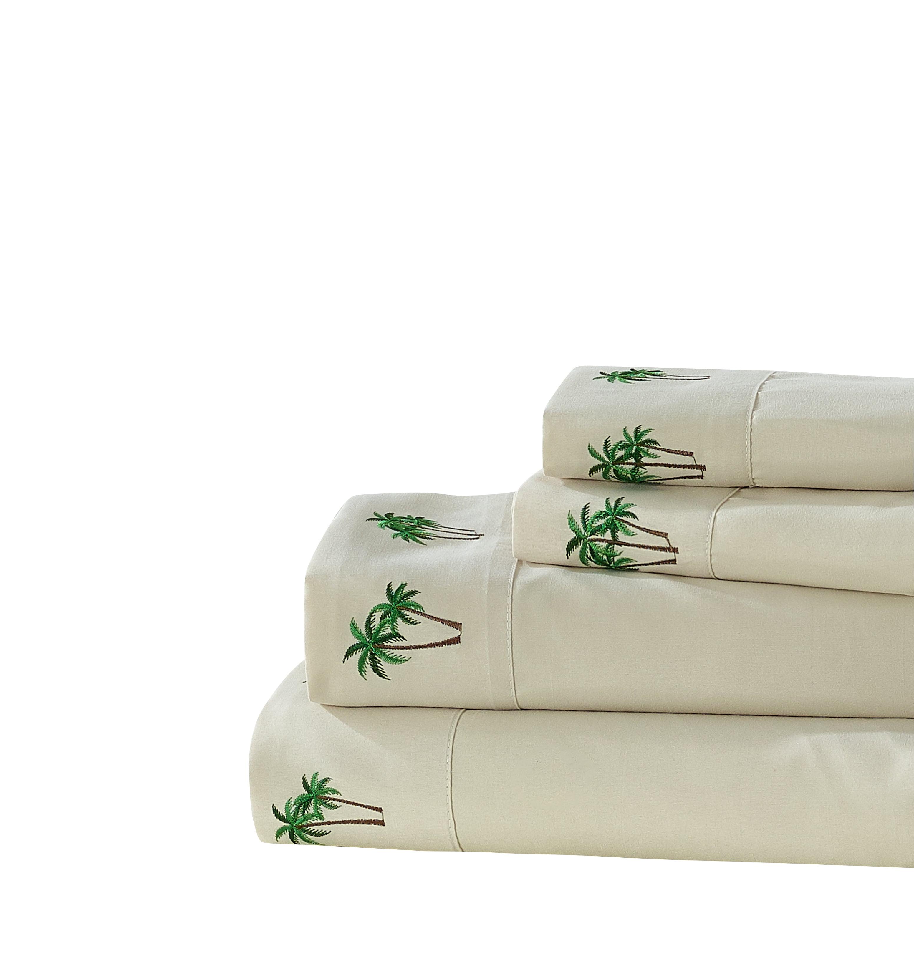 Queen Beige Embroidered Palm Tree Microfiber Sheet Set