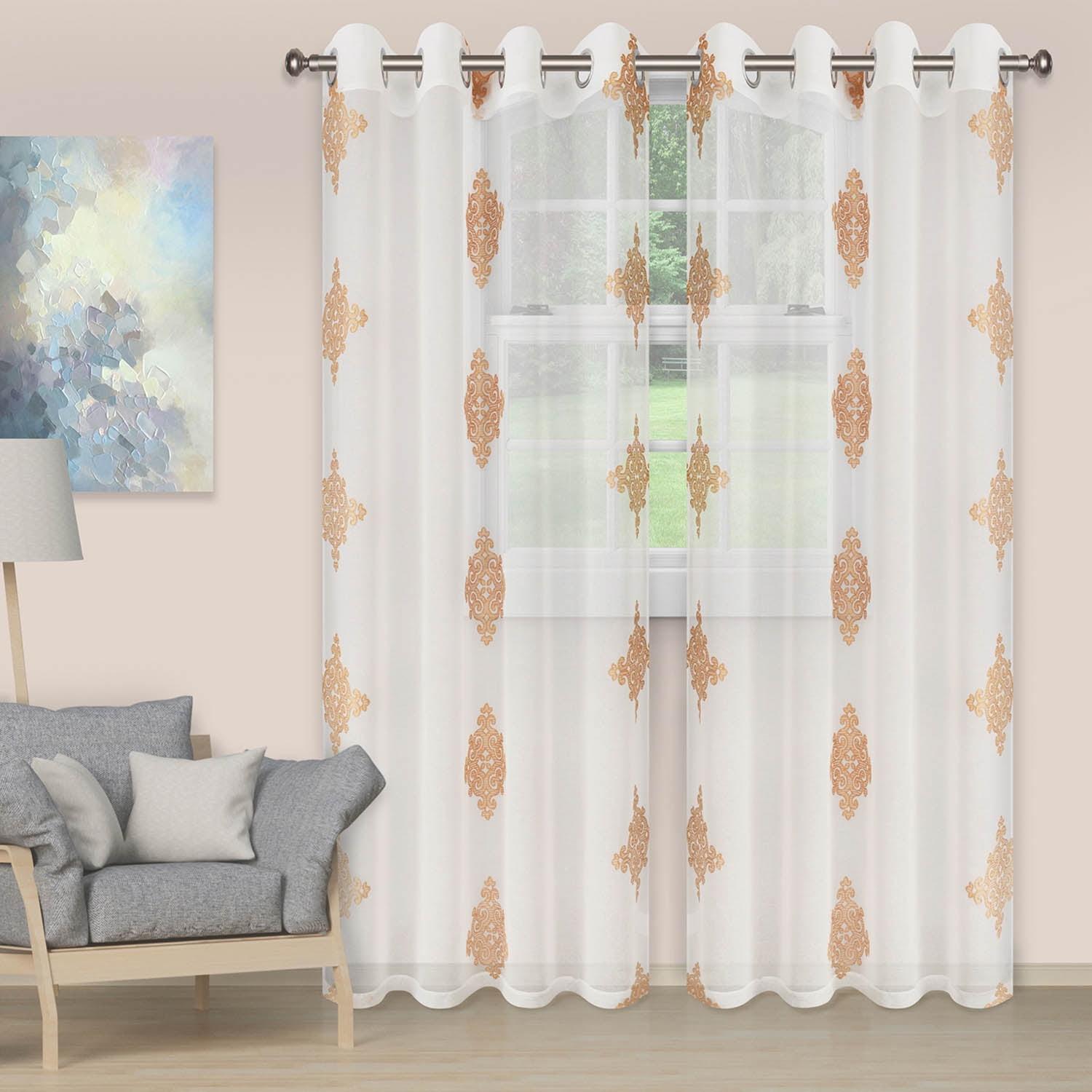 Damask Semi-Sheer 2-Piece Curtain Panel Set with Stainless Grommet Header, 52" x 63", Gold - Blue Nile Mills