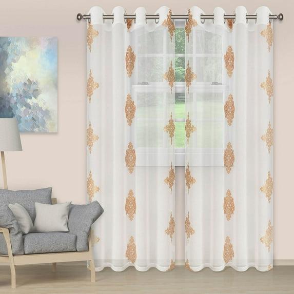 Damask Semi-Sheer 2-Piece Curtain Panel Set with Stainless Grommet Header, 52" x 63", Gold - Blue Nile Mills